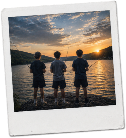 Three friends fishing from shore at sunset